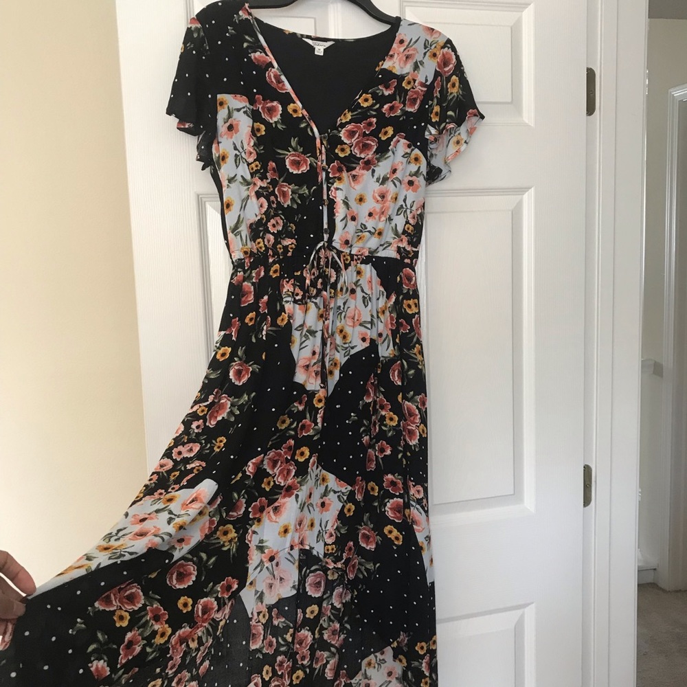 TAKARA Floral Black High & Low Dress medium size